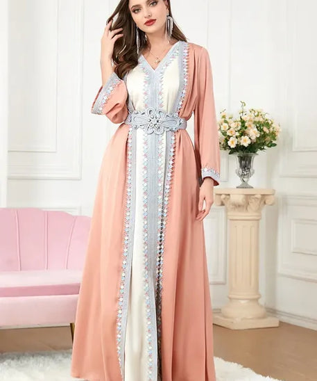 Morocco Muslim Abaya Dress 2 Piece Set with Embroidery