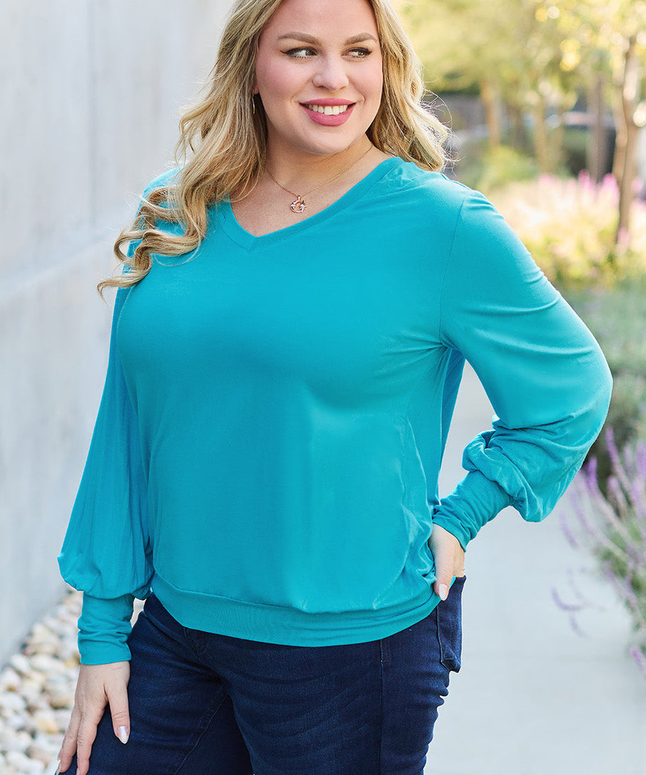 Basic Bae Full Size V-Neck Lantern Sleeve Top