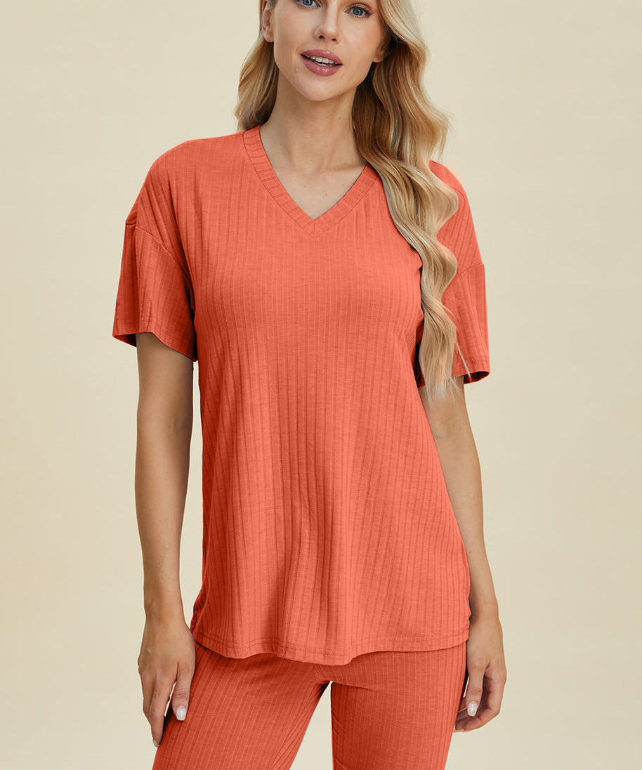 Basic Bae Full Size Ribbed V-Neck Short Sleeve Top and Shorts Set