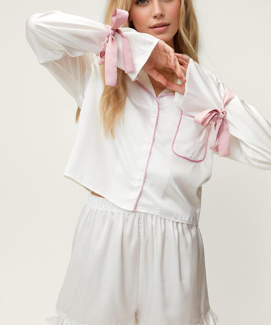 Basic Bae Tied Cuff Collared Neck Top and Frill Shorts Lounge Set