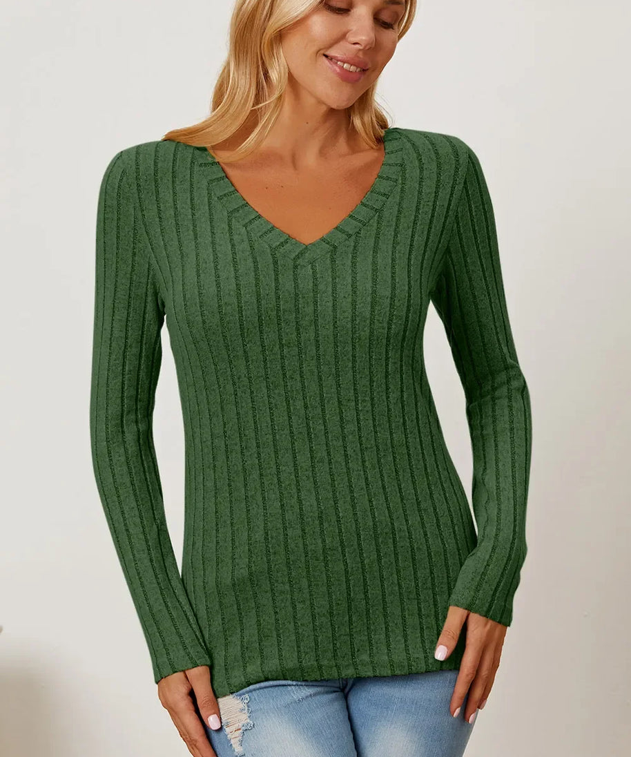 Basic Bae Full Size Ribbed V-Neck Long Sleeve T-Shirt