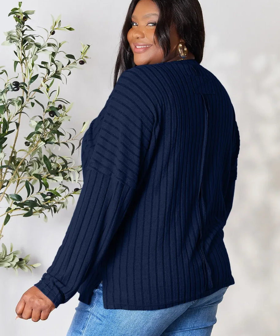 Basic Bae Full Size Ribbed Round Neck Slit Knit Top