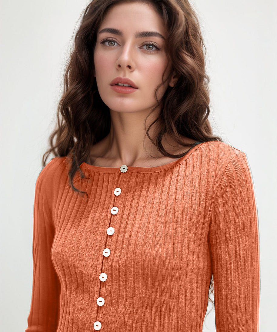 Basic Bae Texture Button Up Round Neck Long Sleeve Top
