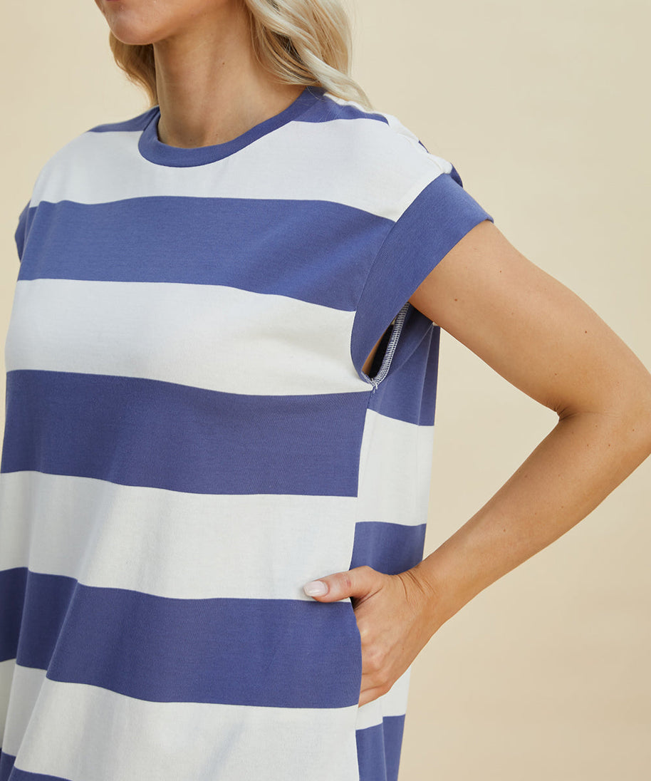 Basic Bae Full Size Striped Round Neck Cap Sleeve Mini Dress