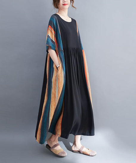 Striped Panel Swing Dress with Short Sleeves