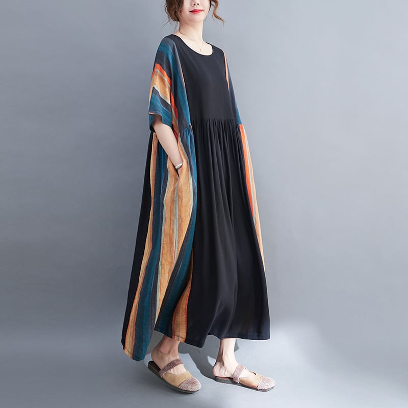 Striped Panel Swing Dress with Short Sleeves