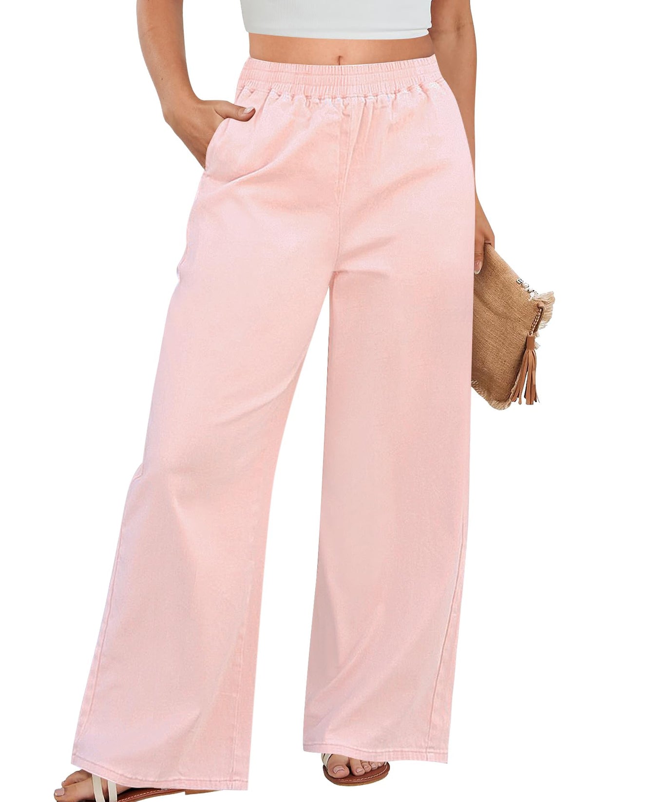 GRAPENT Womens Pull On Pants Chambray Pants Women Elastic Waist Wide Leg Pants for Women High Waisted Trousers Women Pink Pants Women Clothing Baby Pink Size Medium US Size 8 to Size 10