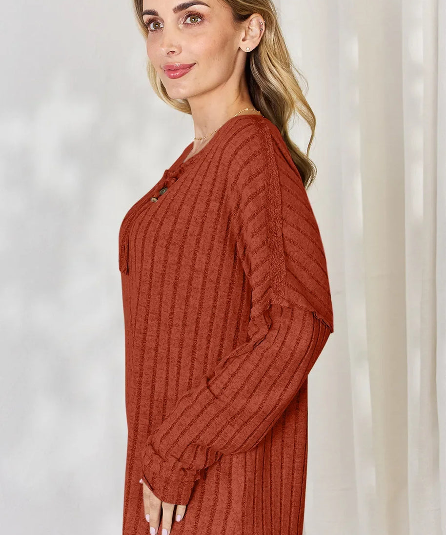 Basic Bae Full Size Ribbed Half Button Long Sleeve T-Shirt