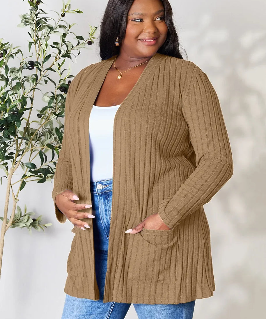 Basic Bae Full Size Ribbed Open Front Cardigan with Pockets