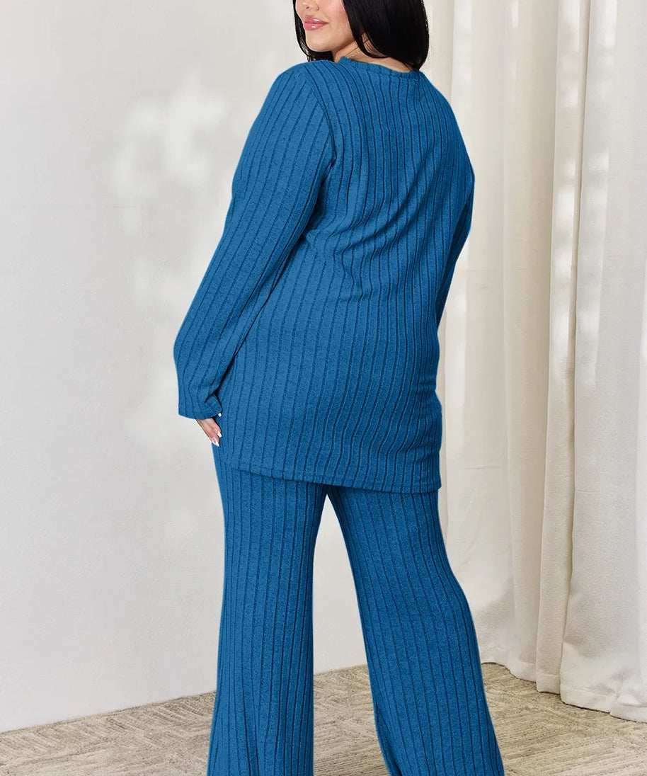Basic Bae Full Size Ribbed High-Low Top and Wide Leg Pants Set