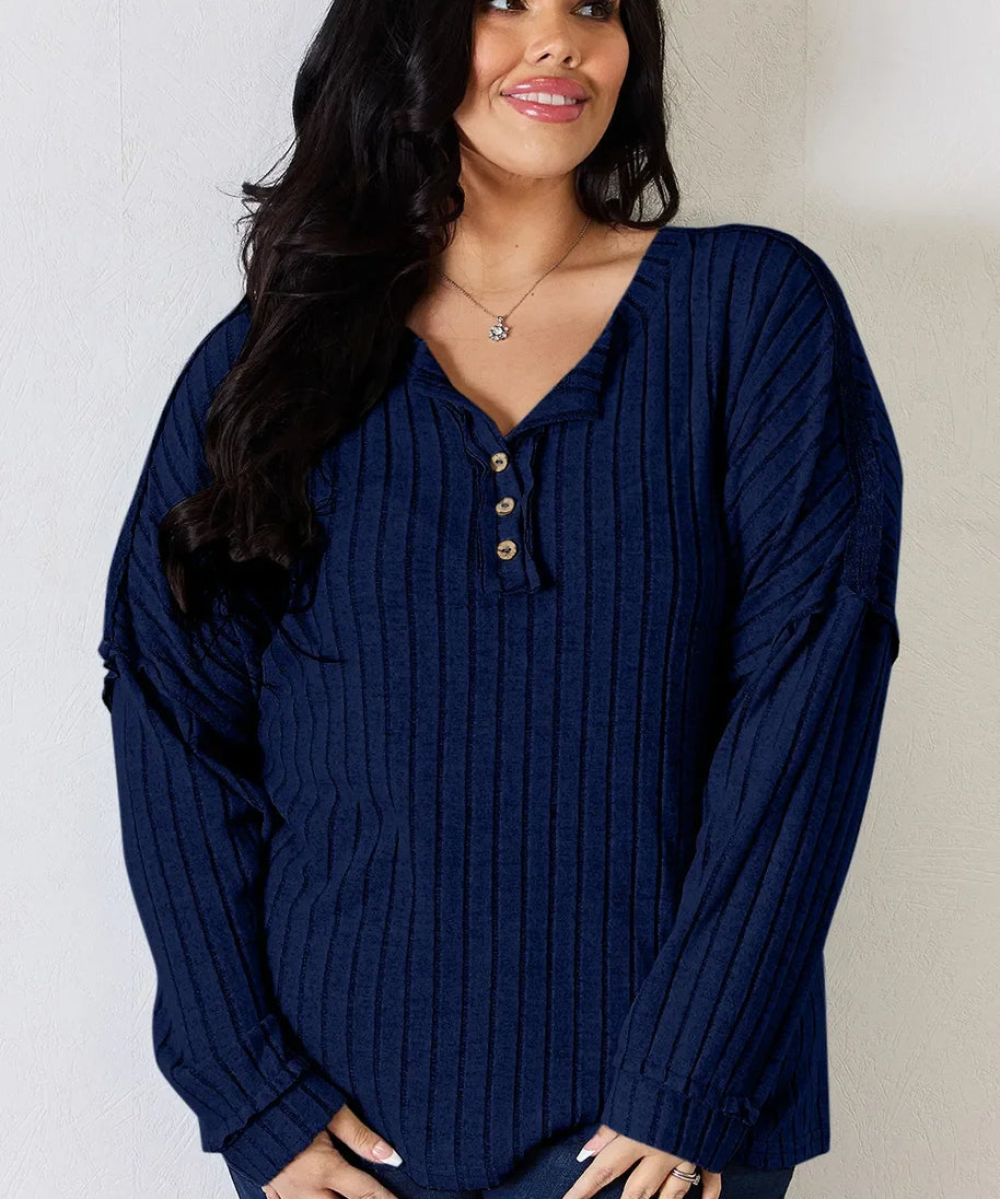 Basic Bae Full Size Ribbed Half Button Long Sleeve T-Shirt