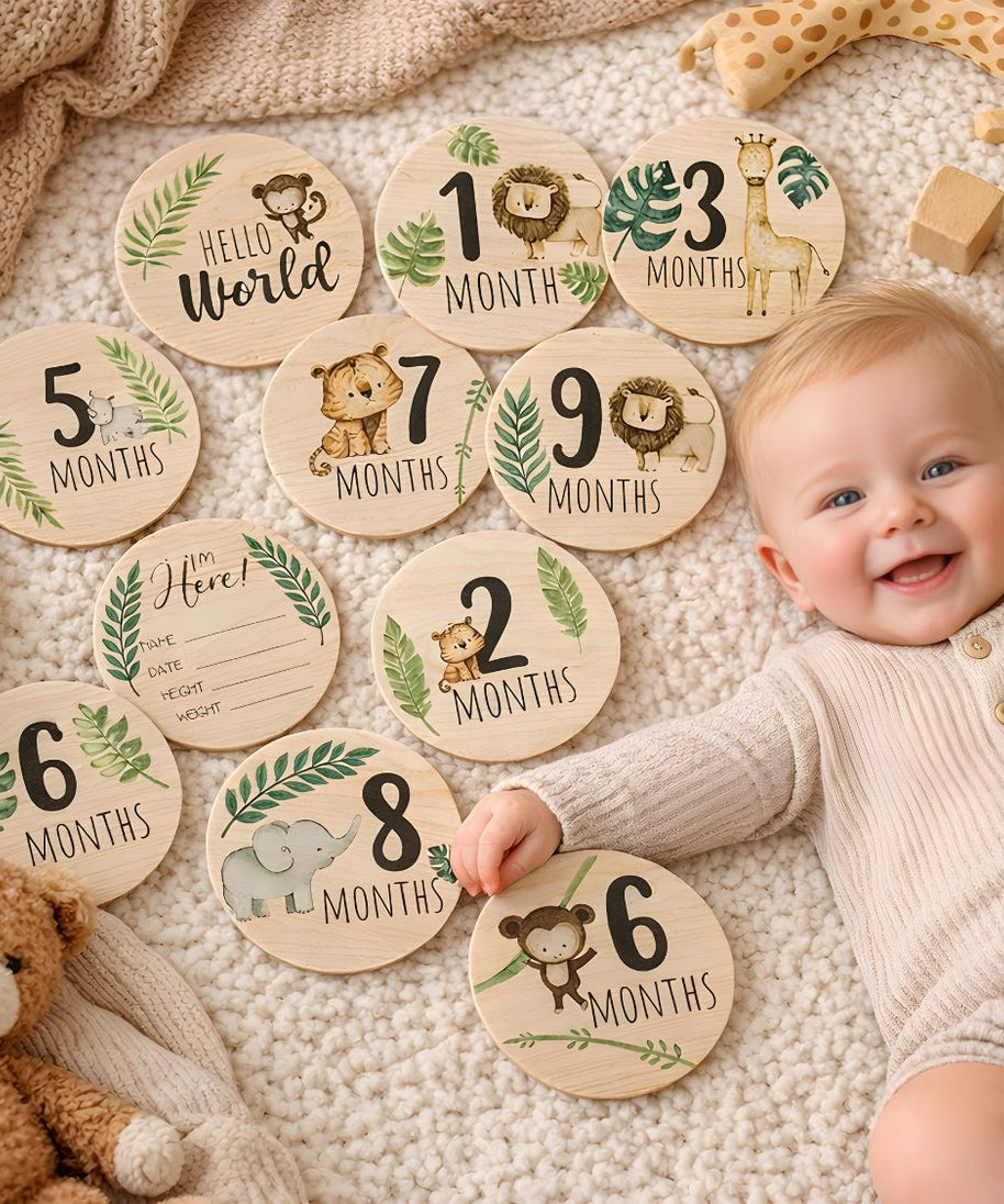 Wooden Baby Milestone Cards – Safari Theme Monthly Photo Props | Newborn to 1 Year Gift Set
