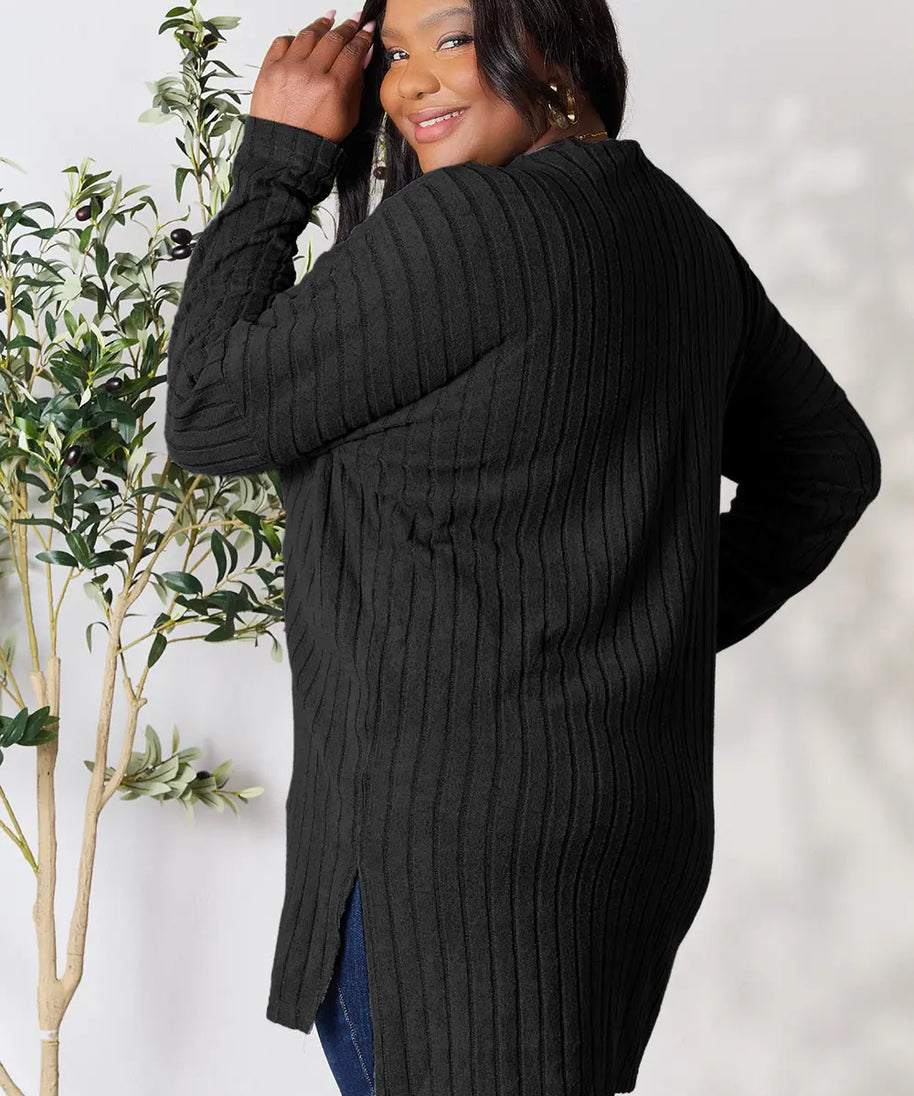 Basic Bae Full Size Ribbed Round Neck Long Sleeve Slit Top