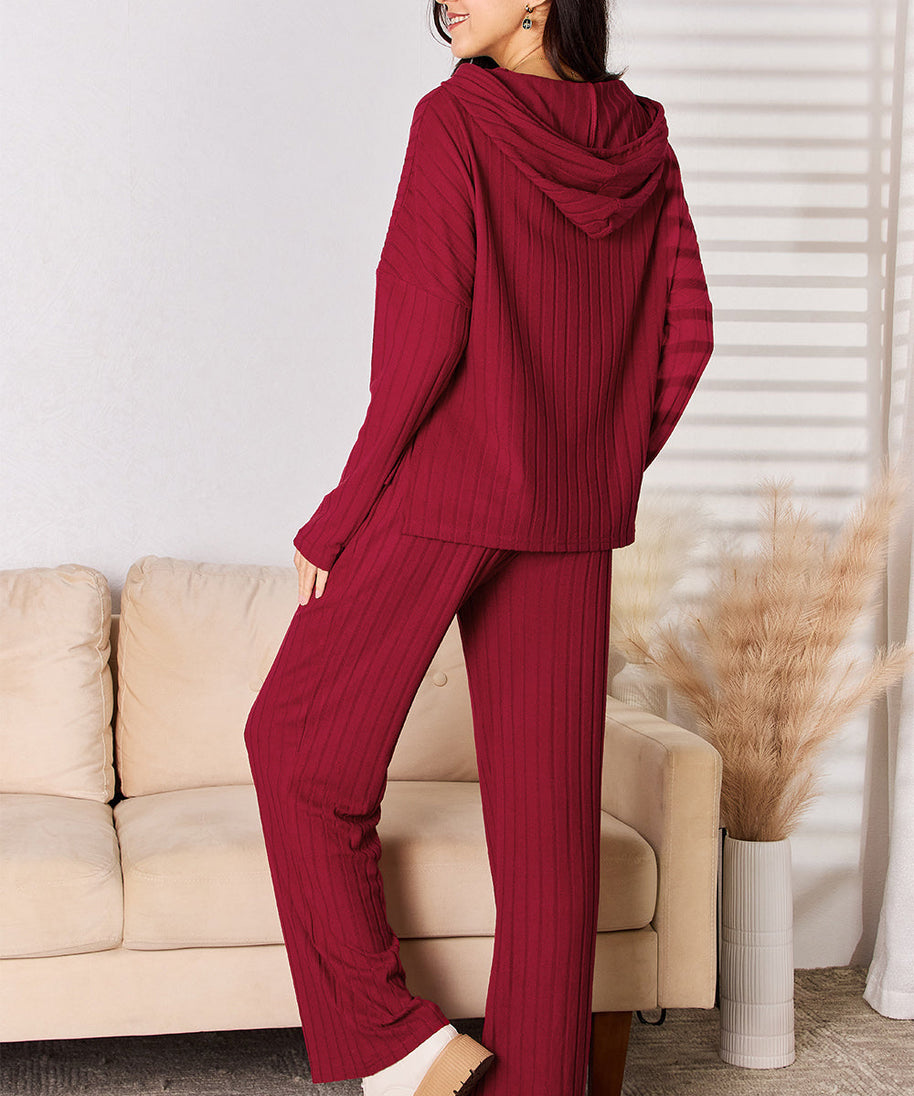 Basic Bae Full Size Ribbed Drawstring Hooded Top and Straight Pants Set
