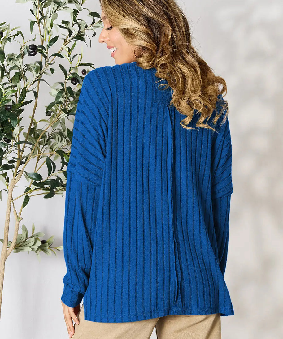 Basic Bae Full Size Ribbed Round Neck Slit Knit Top