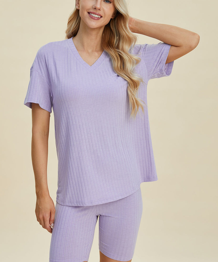 Basic Bae Full Size Ribbed V-Neck Short Sleeve Top and Shorts Set