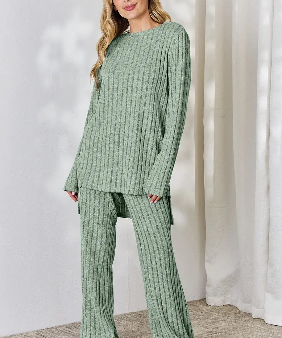 Basic Bae Full Size Ribbed High-Low Top and Wide Leg Pants Set