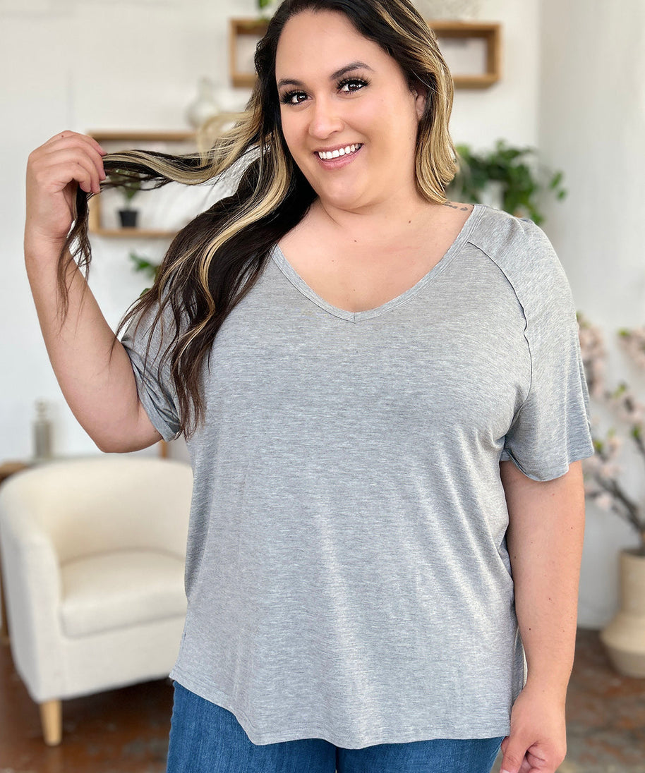 Basic Bae Full Size Bamboo Slit V-Neck Short Sleeve T-Shirt