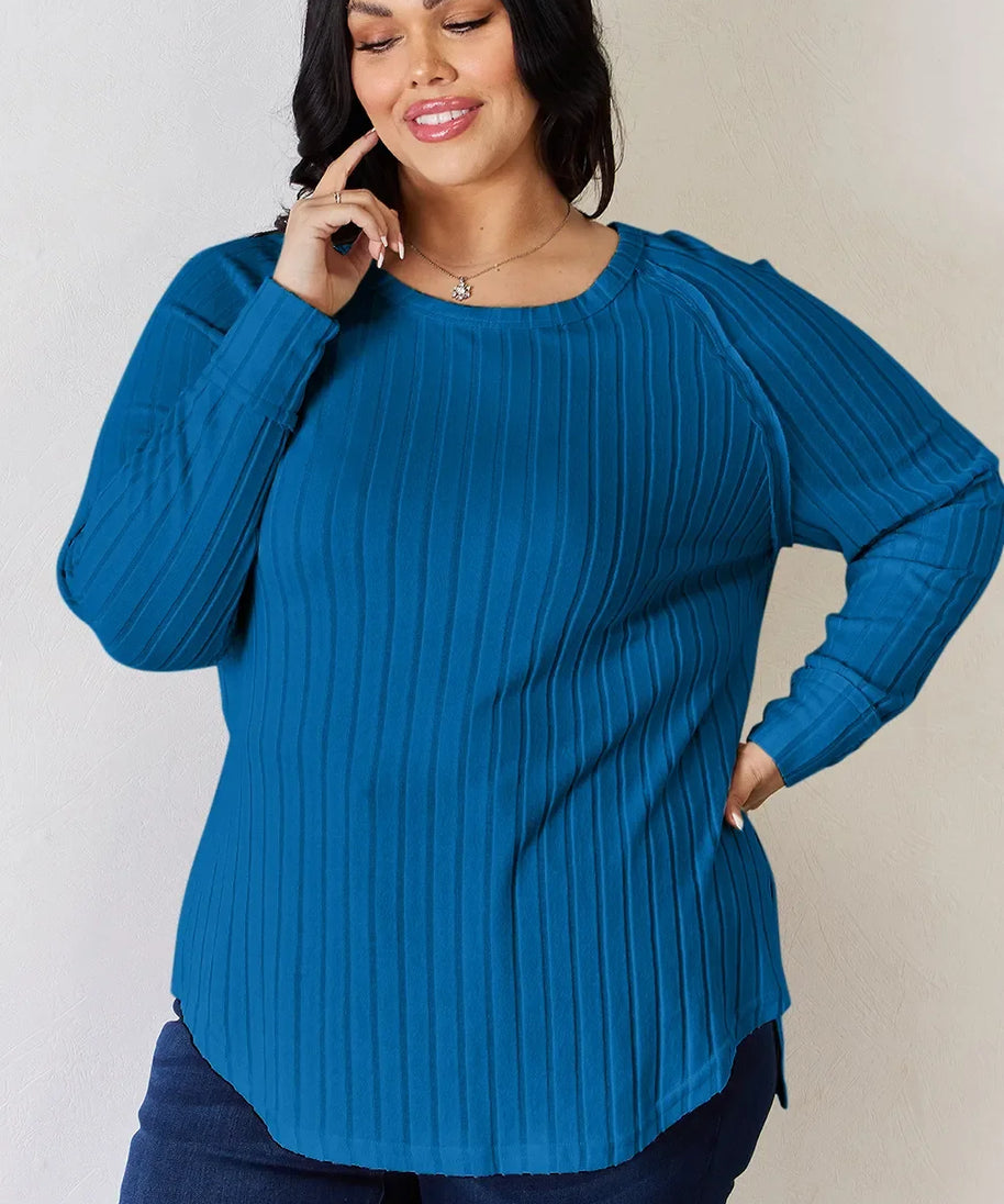 Basic Bae Full Size Ribbed Round Neck Slit T-Shirt