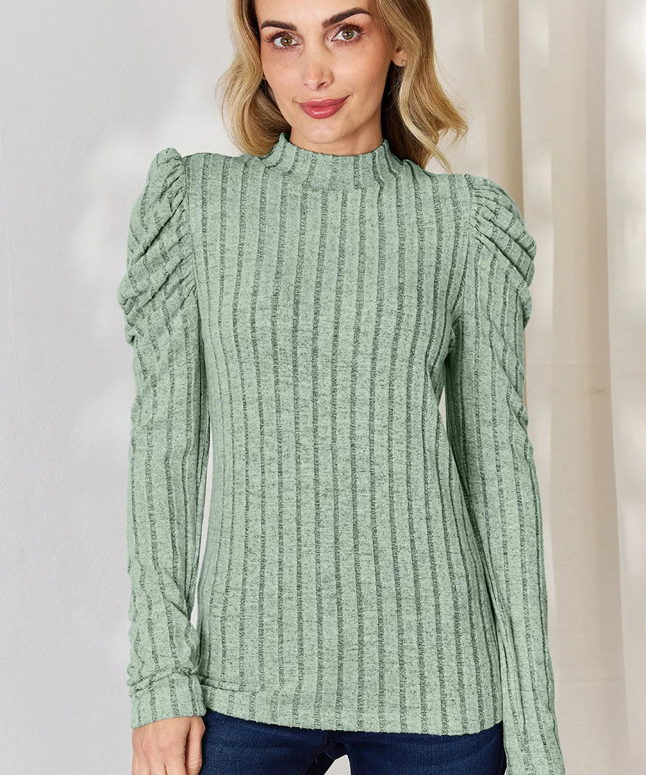 Basic Bae Full Size Ribbed Mock Neck Puff Sleeve T-Shirt