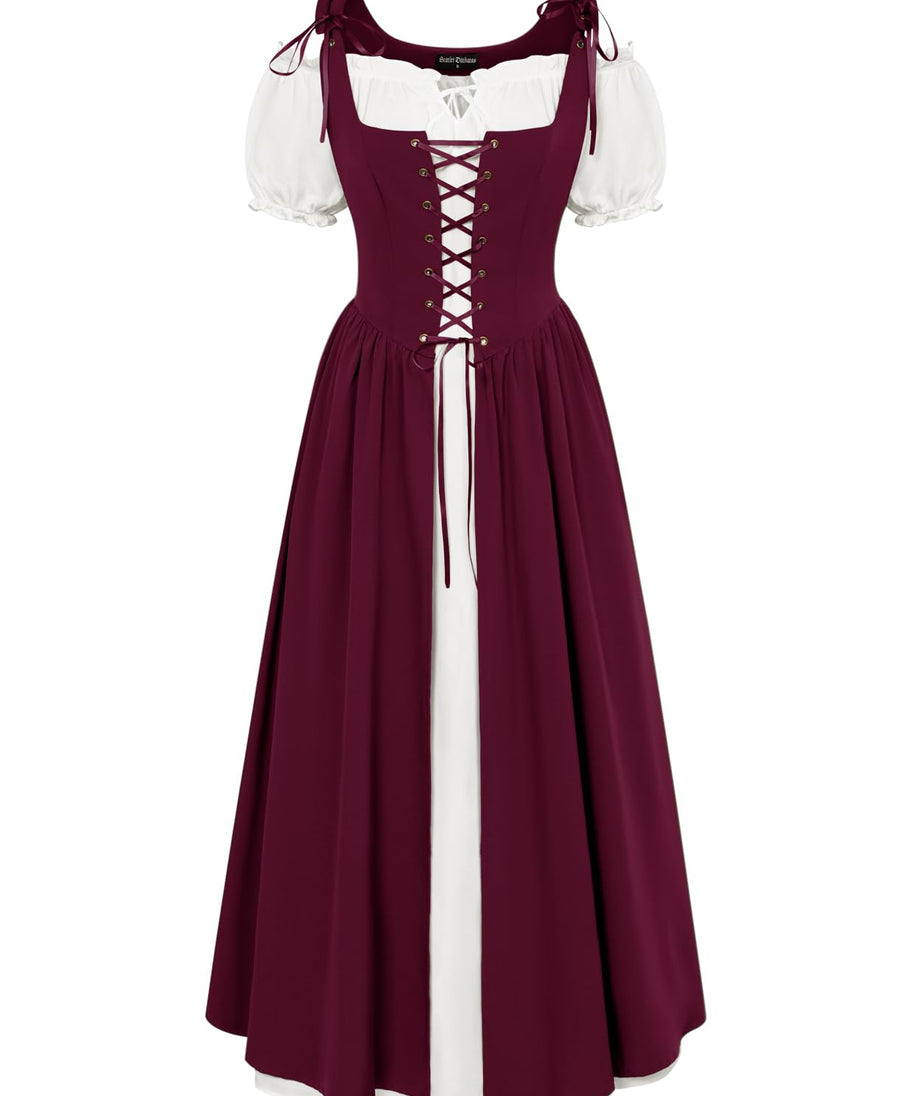 Women Renaissance Dress Short Sleeve Irish Dress Peasant Dress with Pockets Wine XL