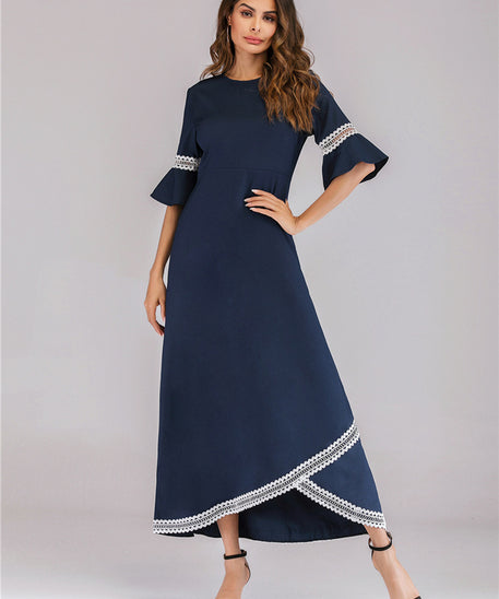 Muslim Long Dress with Lace Trim and Flare Sleeves