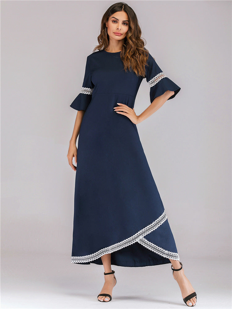 Muslim Long Dress with Lace Trim and Flare Sleeves