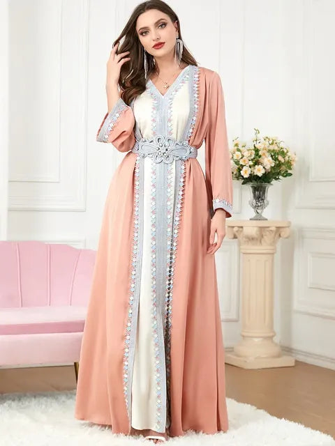 Morocco Muslim Abaya Dress 2 Piece Set with Embroidery