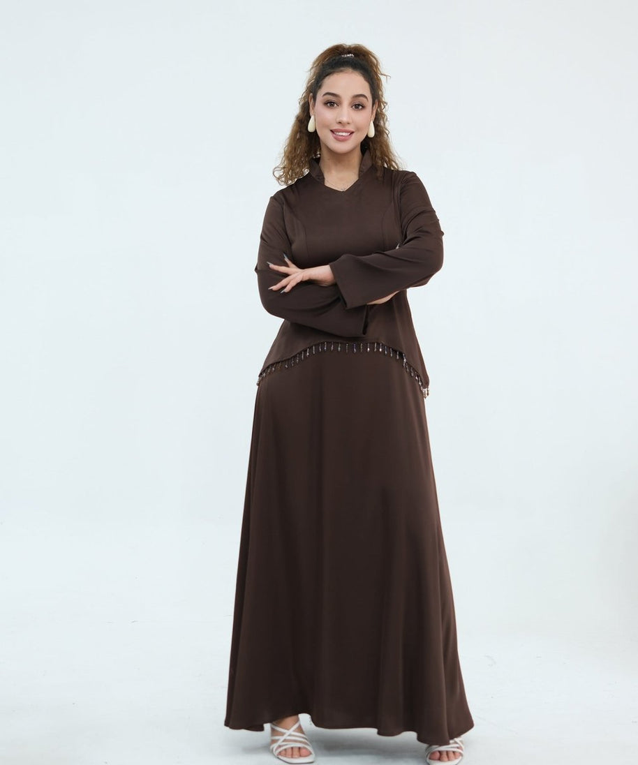 Beaded-Waist Corset-Back Flared-Sleeve Maxi Dress(MS476)