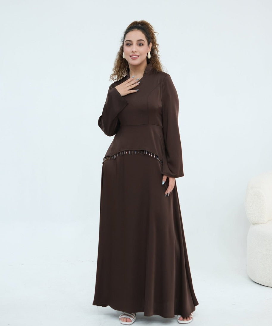 Beaded-Waist Corset-Back Flared-Sleeve Maxi Dress(MS476)