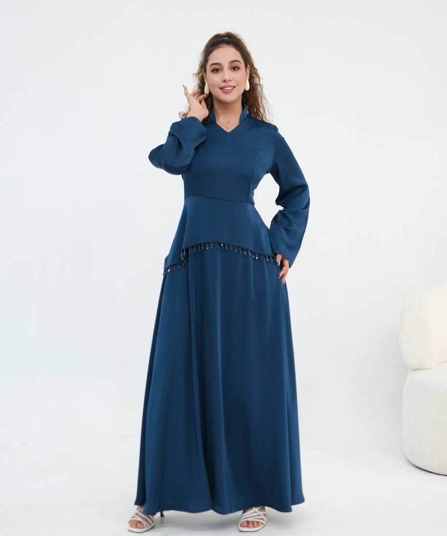 Beaded-Waist Corset-Back Flared-Sleeve Maxi Dress(MS476)