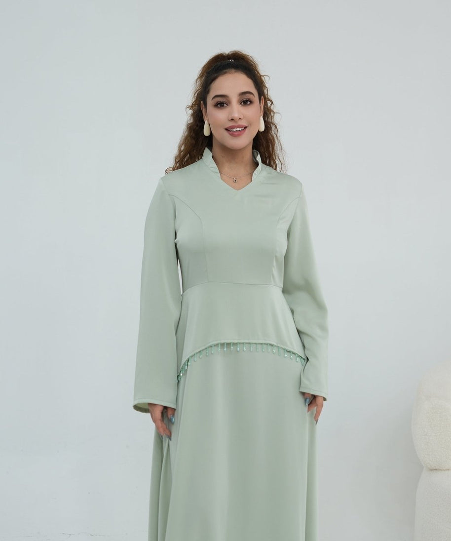 Beaded-Waist Corset-Back Flared-Sleeve Maxi Dress(MS476)