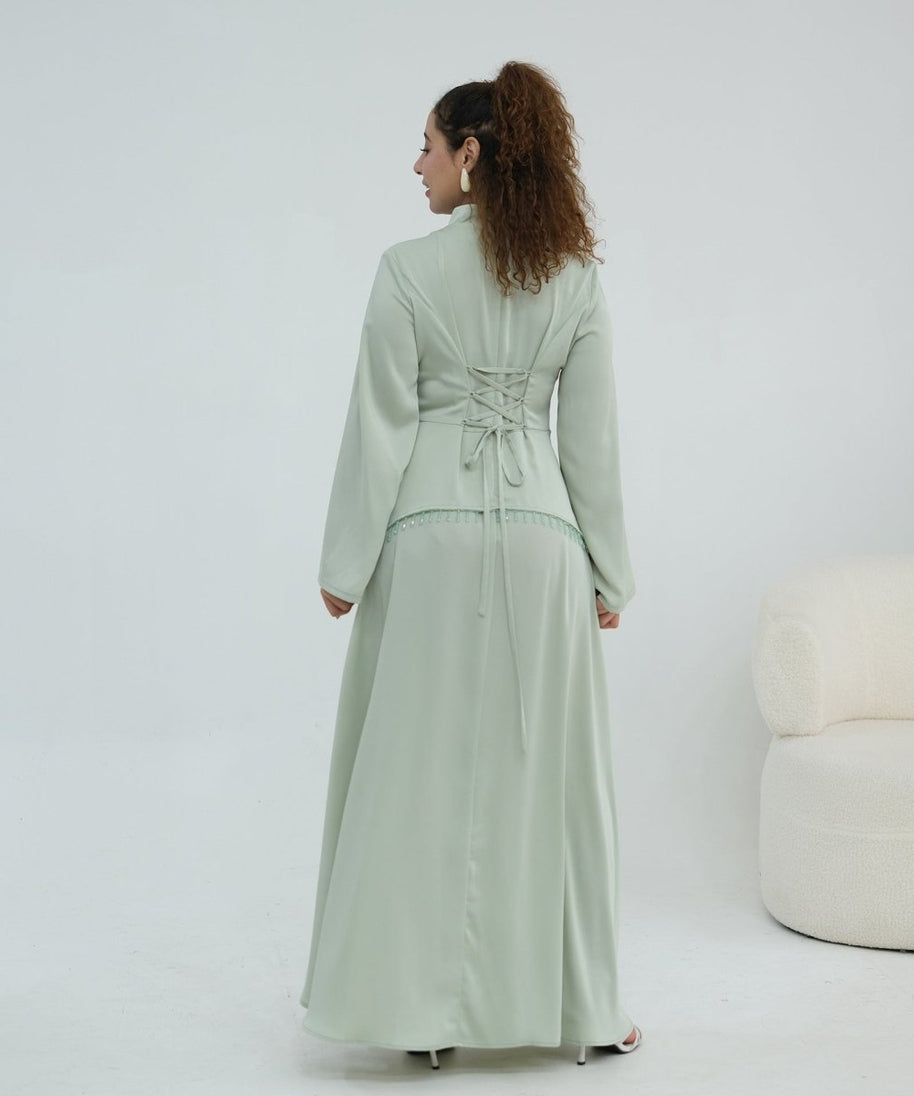 Beaded-Waist Corset-Back Flared-Sleeve Maxi Dress(MS476)
