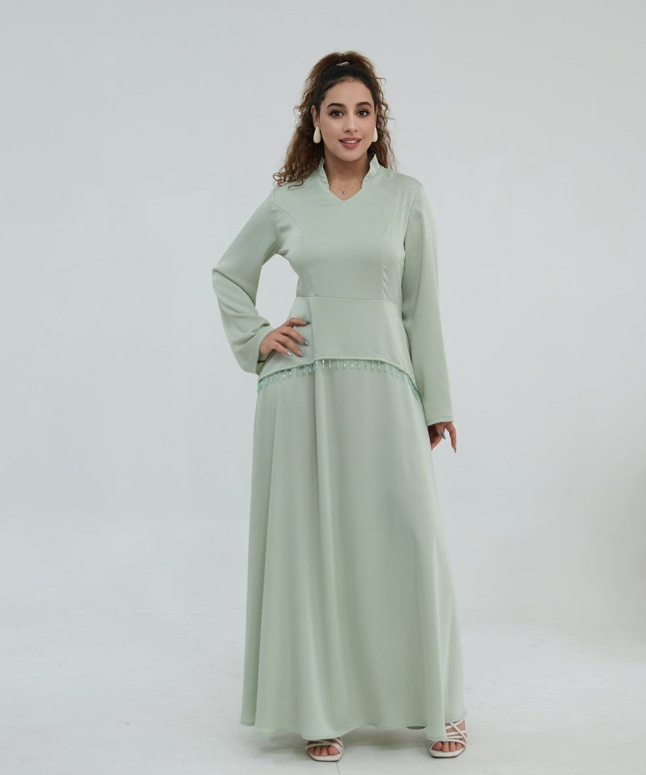 Beaded-Waist Corset-Back Flared-Sleeve Maxi Dress(MS476)