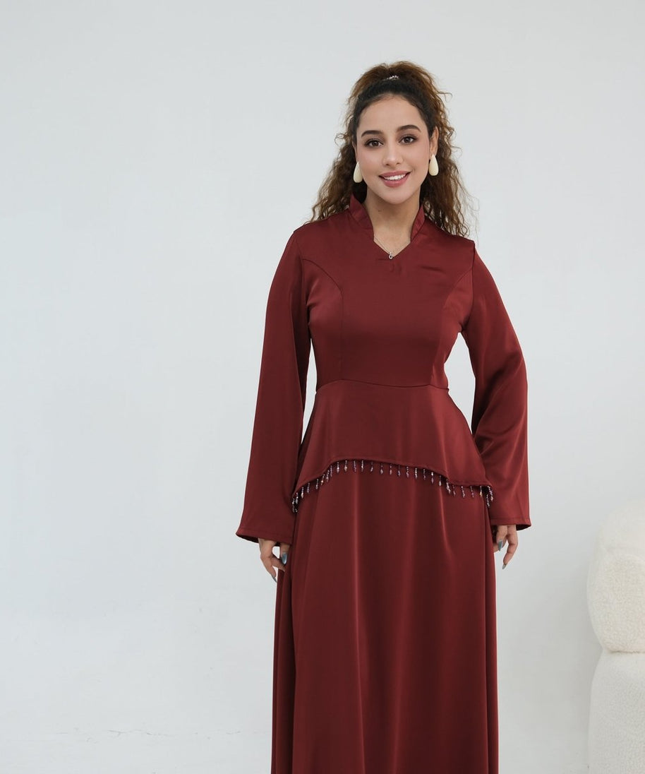 Beaded-Waist Corset-Back Flared-Sleeve Maxi Dress(MS476)