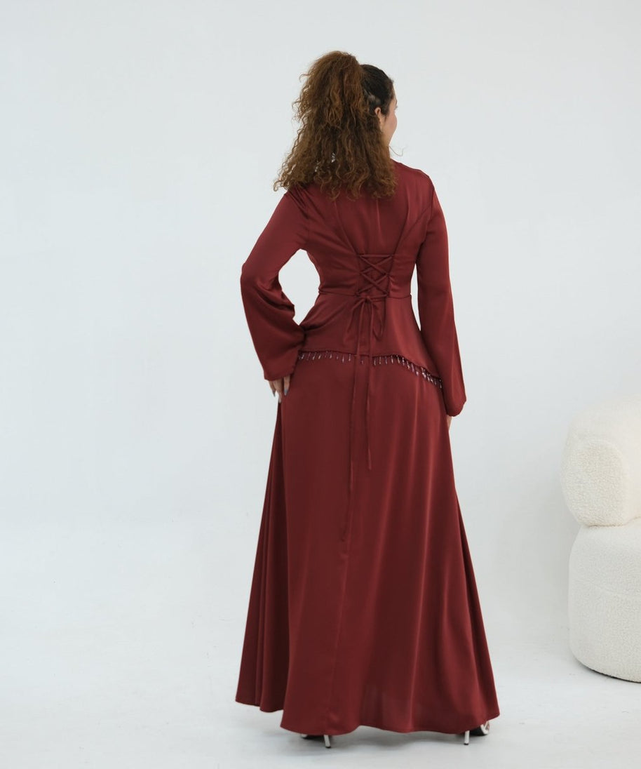 Beaded-Waist Corset-Back Flared-Sleeve Maxi Dress(MS476)