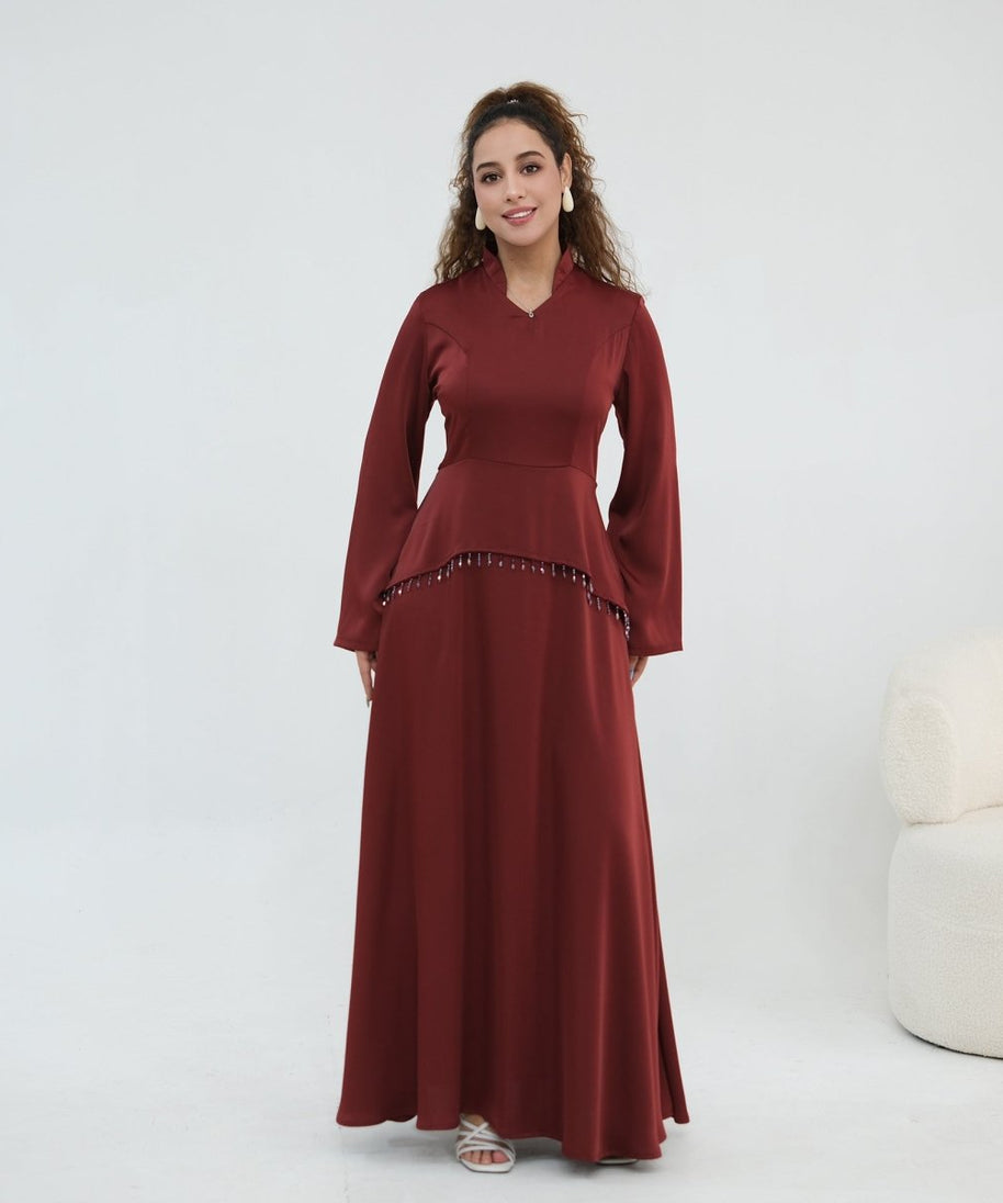 Beaded-Waist Corset-Back Flared-Sleeve Maxi Dress(MS476)
