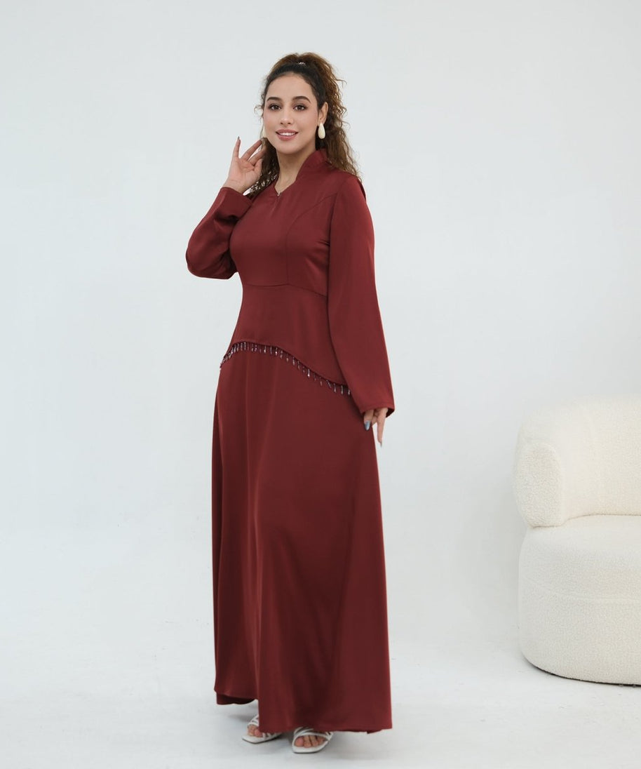 Beaded-Waist Corset-Back Flared-Sleeve Maxi Dress(MS476)