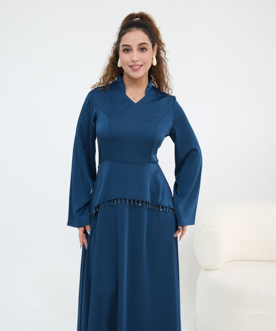 Beaded-Waist Corset-Back Flared-Sleeve Maxi Dress(MS476)