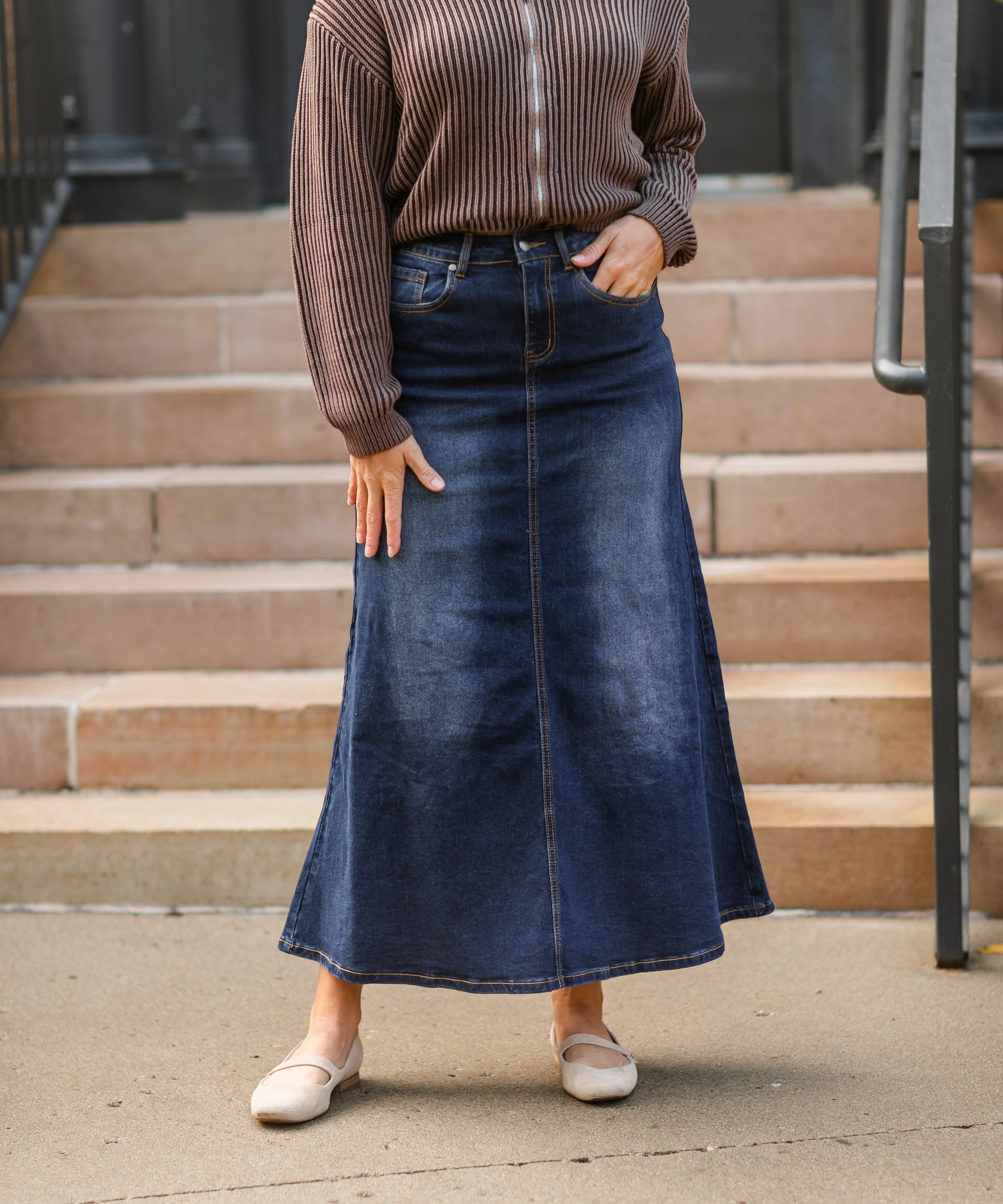 Bethany Dark Wash A-line Long Denim Skirt - FINAL SALE