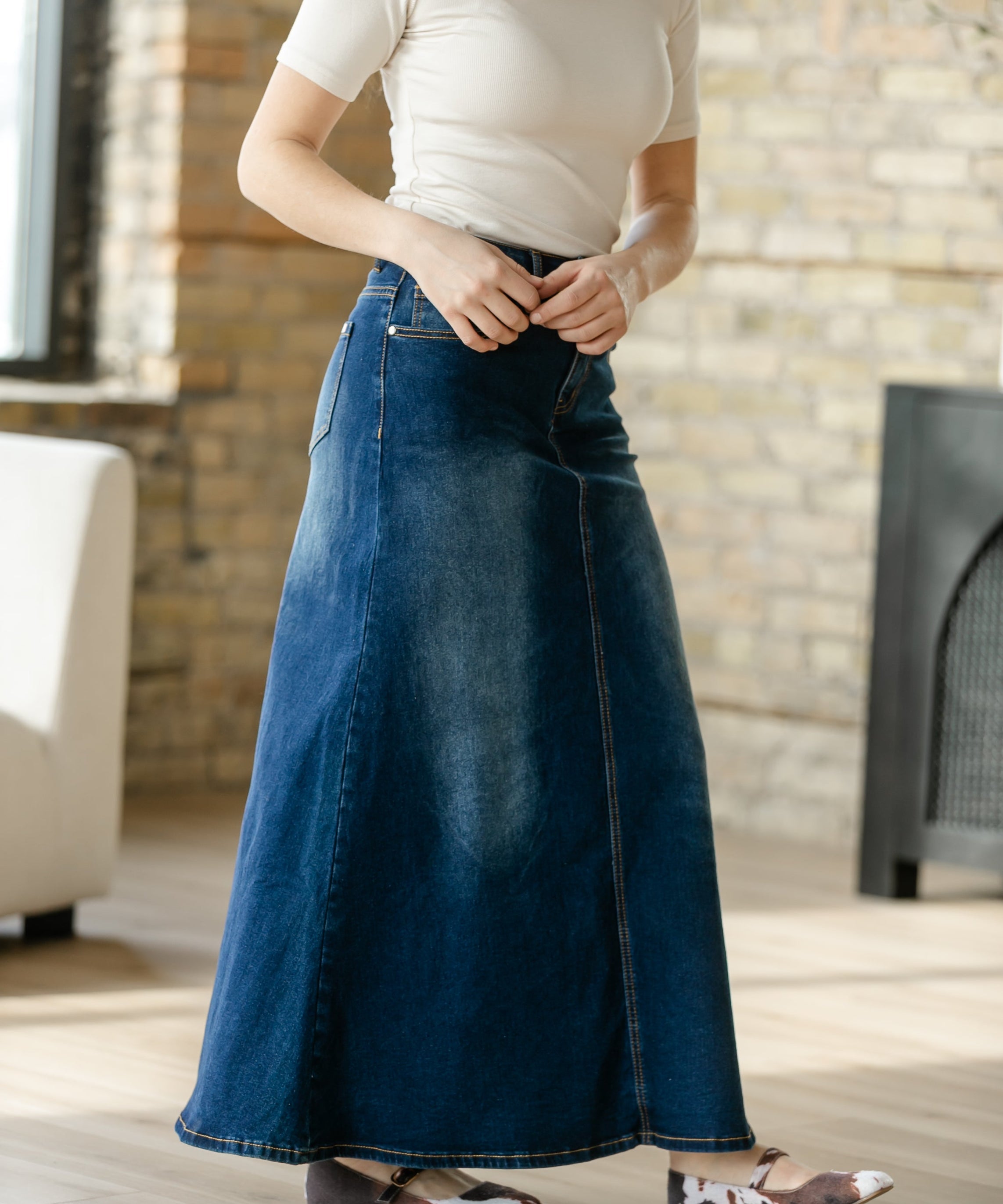 Bethany Dark Wash A-line Long Denim Skirt - FINAL SALE