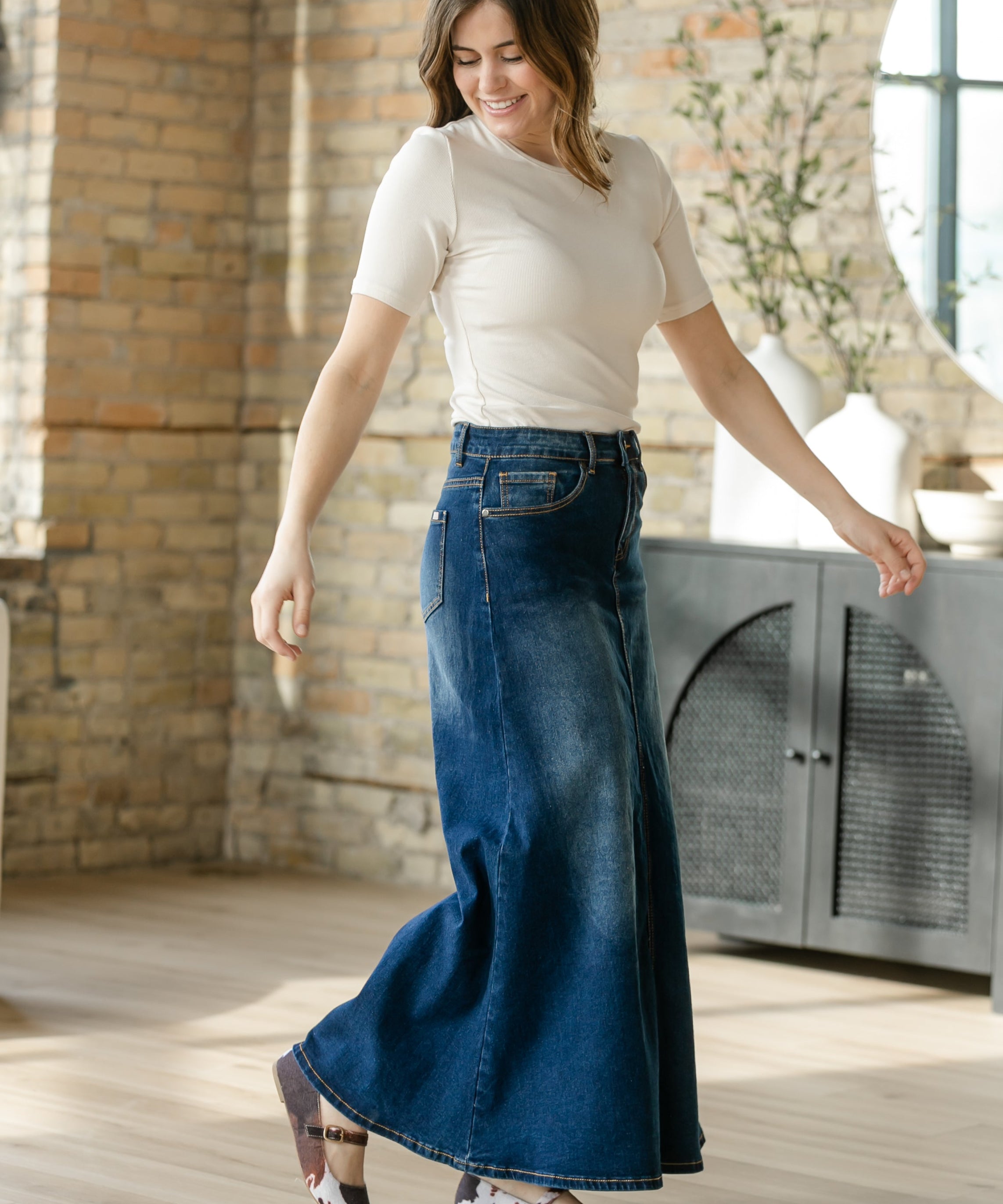 Bethany Dark Wash A-line Long Denim Skirt - FINAL SALE
