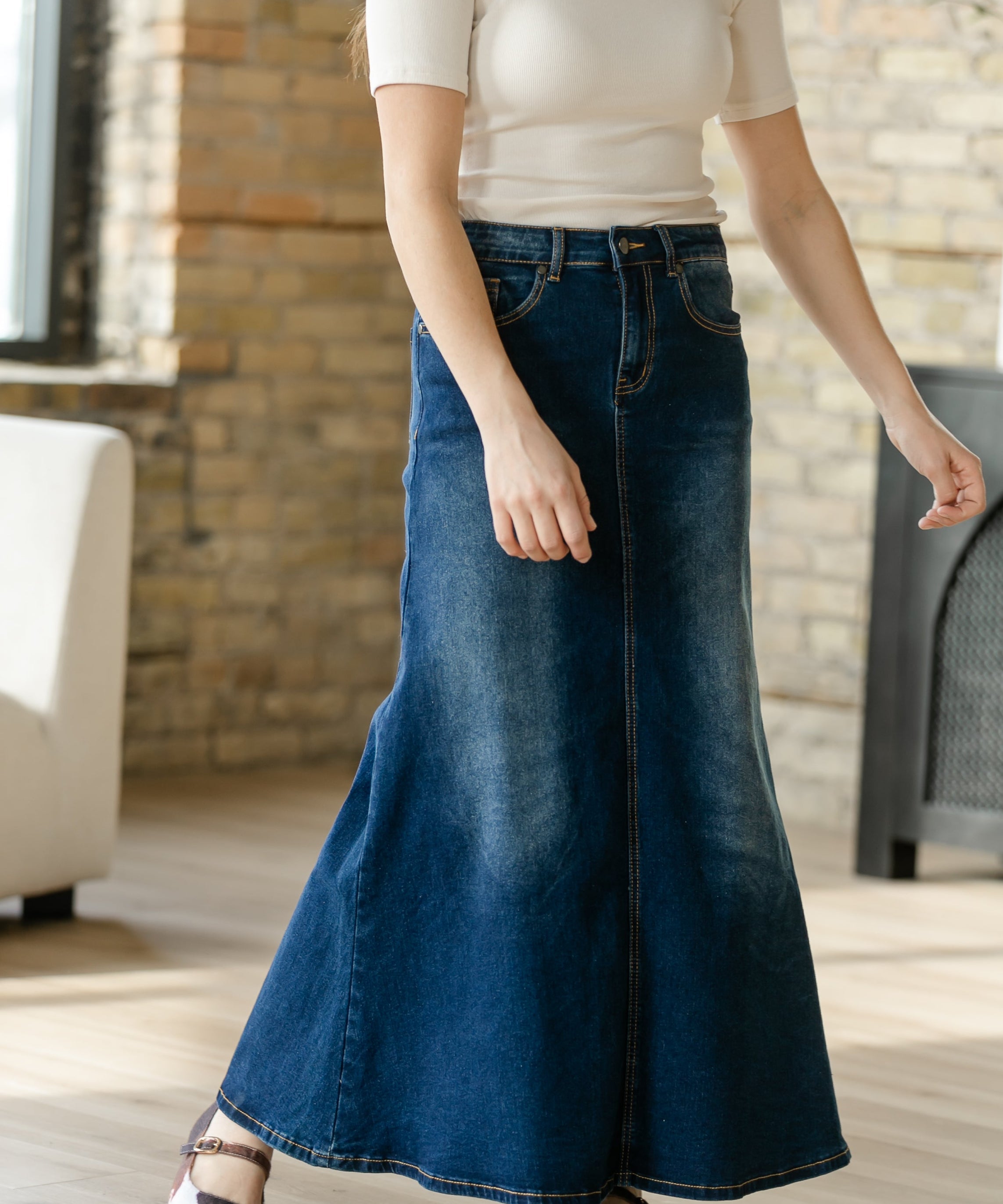 Bethany Dark Wash A-line Long Denim Skirt - FINAL SALE