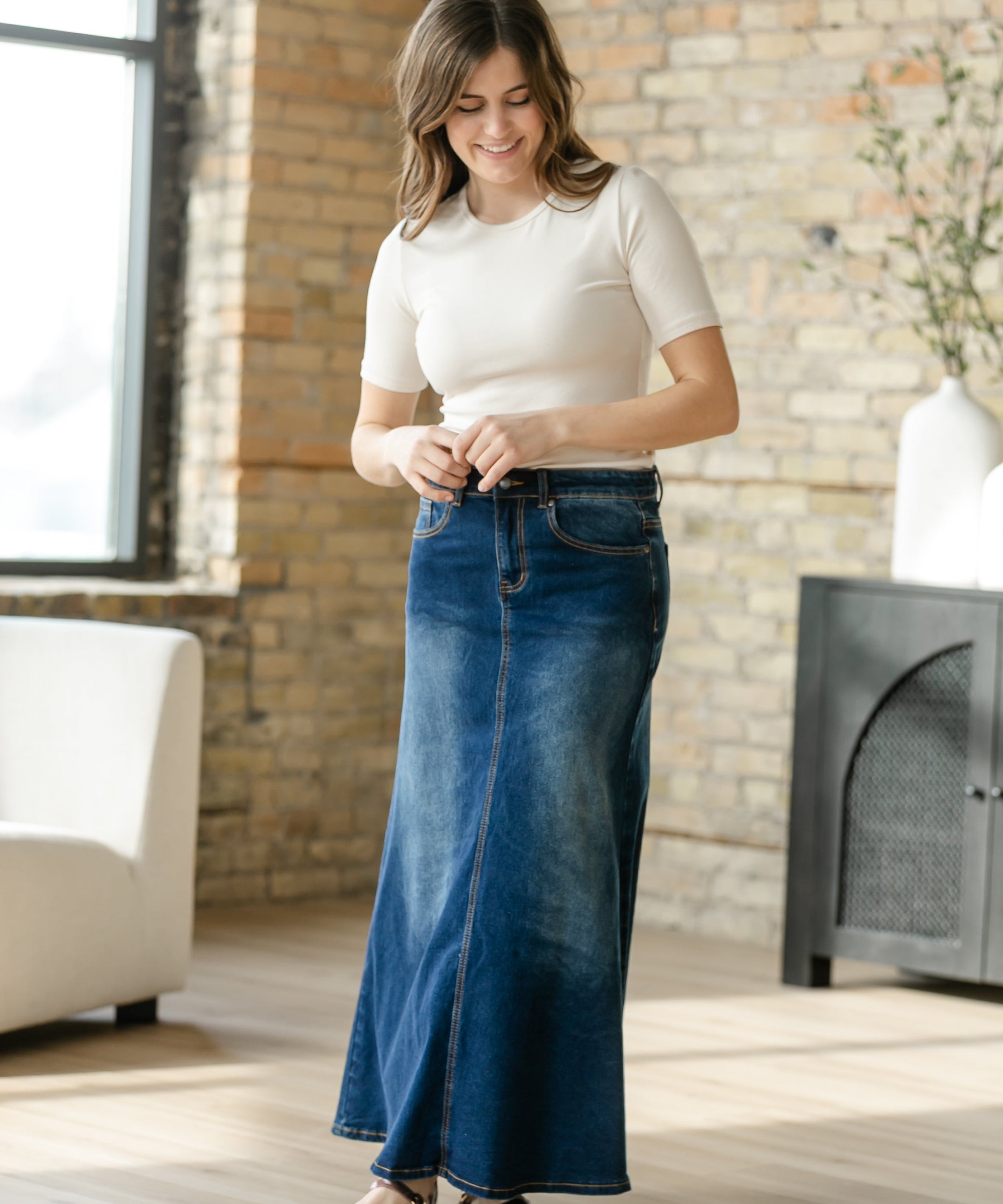 Bethany Dark Wash A-line Long Denim Skirt - FINAL SALE