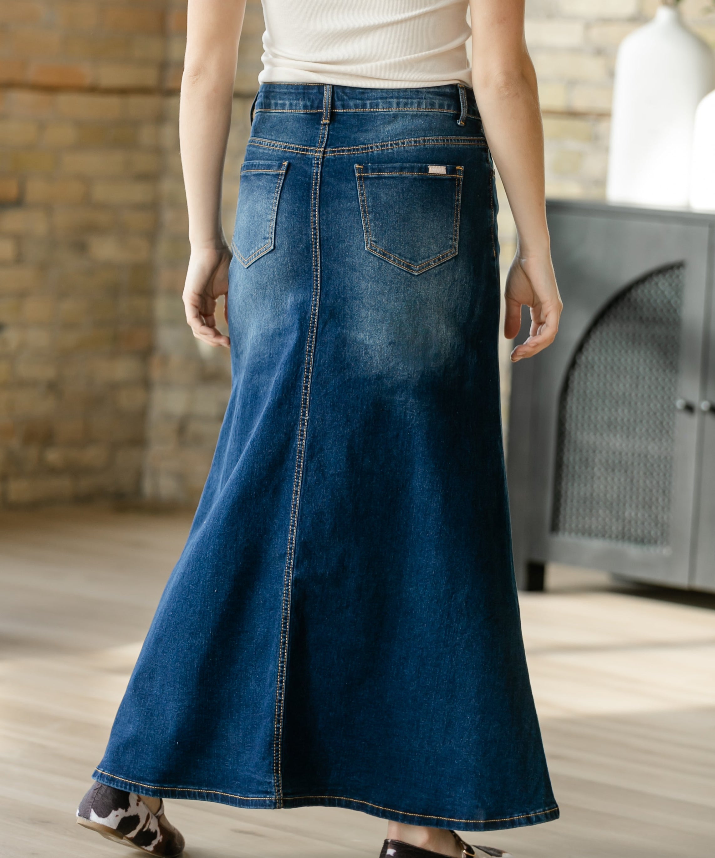 Bethany Dark Wash A-line Long Denim Skirt - FINAL SALE