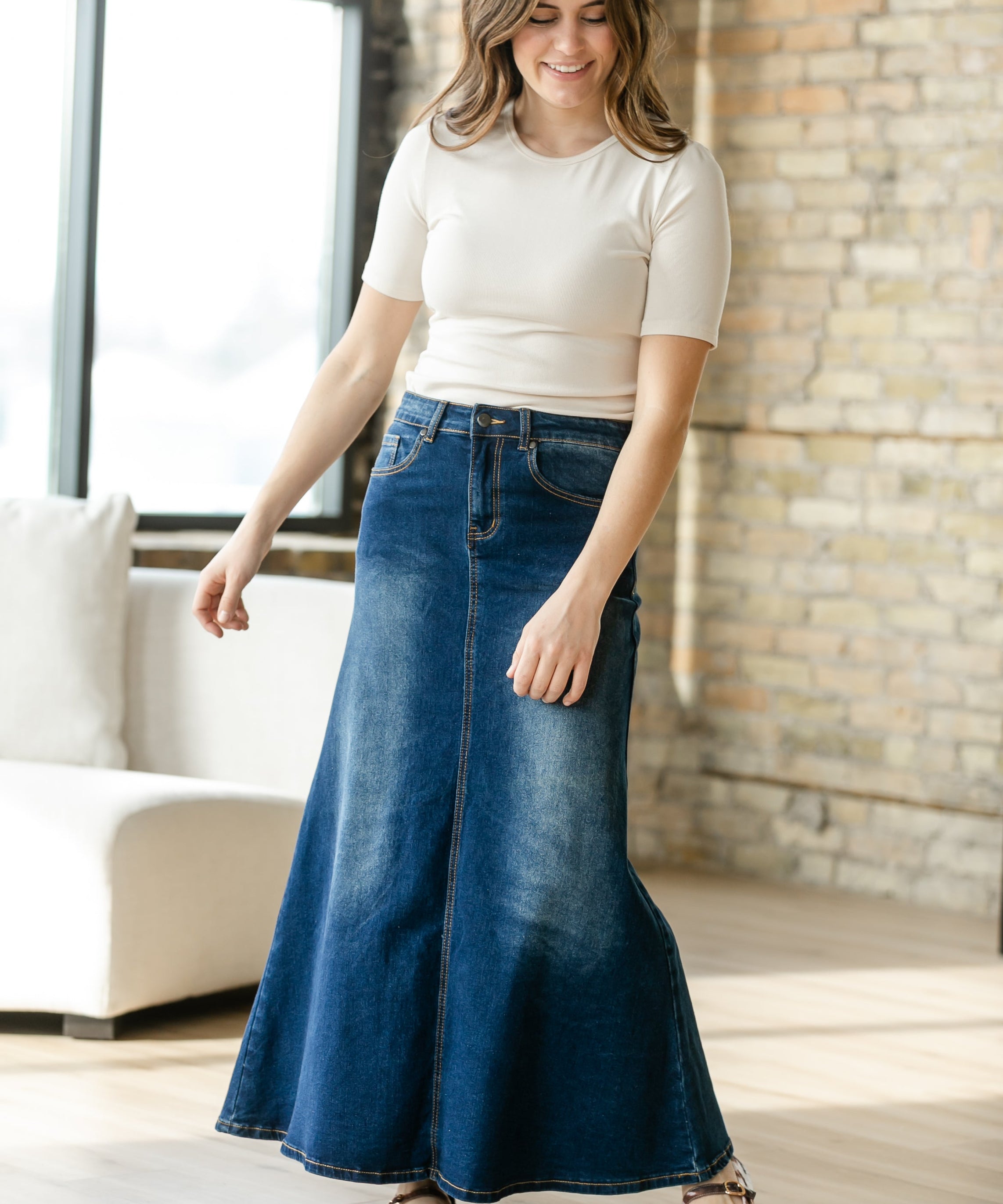 Bethany Dark Wash A-line Long Denim Skirt - FINAL SALE
