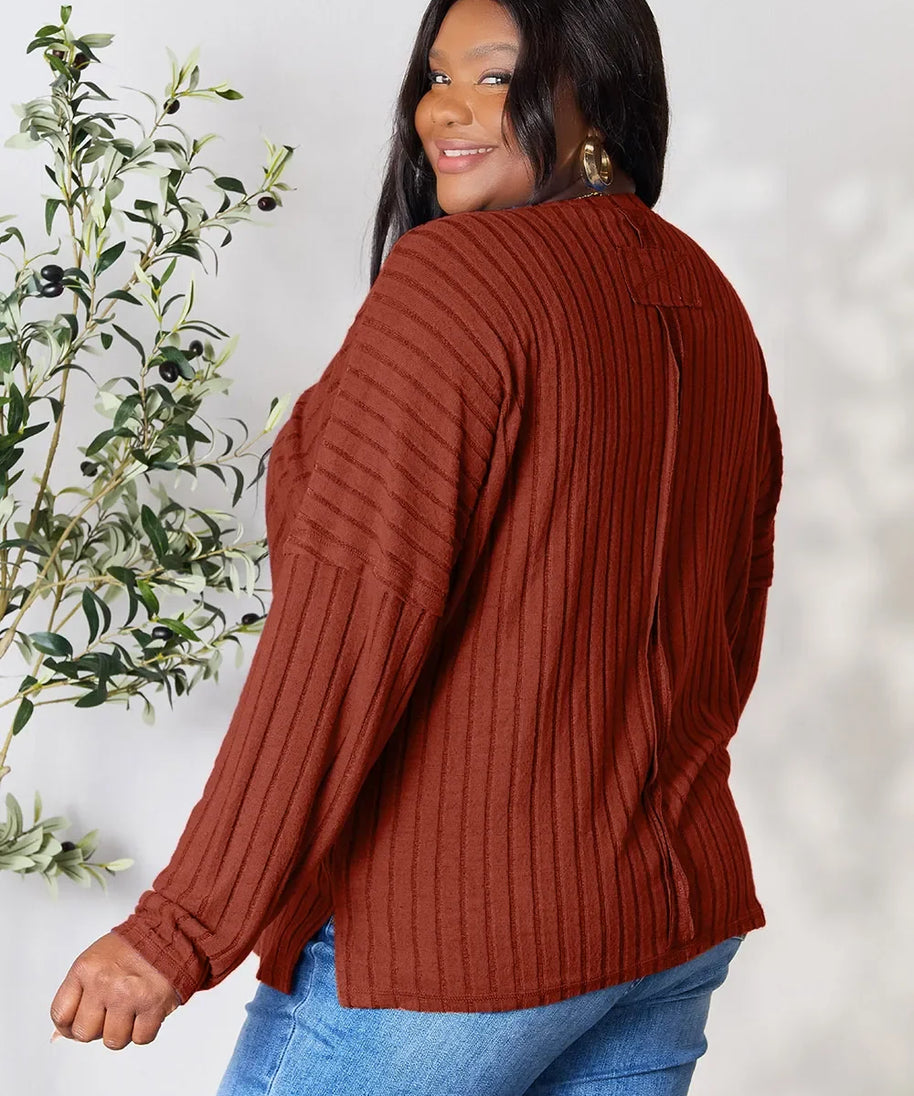 Basic Bae Full Size Ribbed Round Neck Slit Knit Top