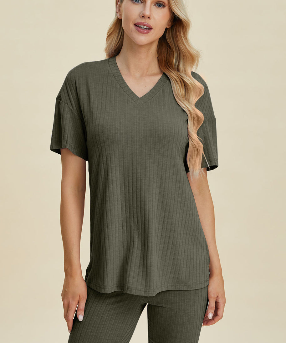 Basic Bae Full Size Ribbed V-Neck Short Sleeve Top and Shorts Set