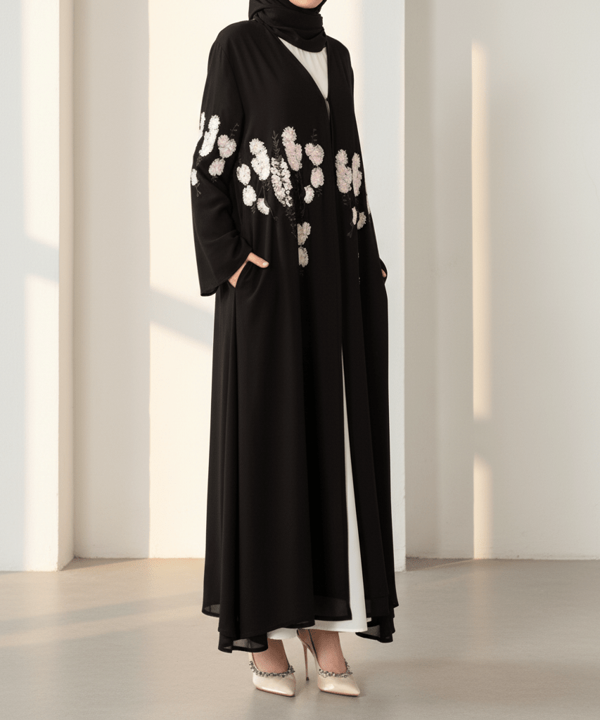 Luxury Floral Embroidered Double-Layer Chiffon Open Abaya(MOA308)