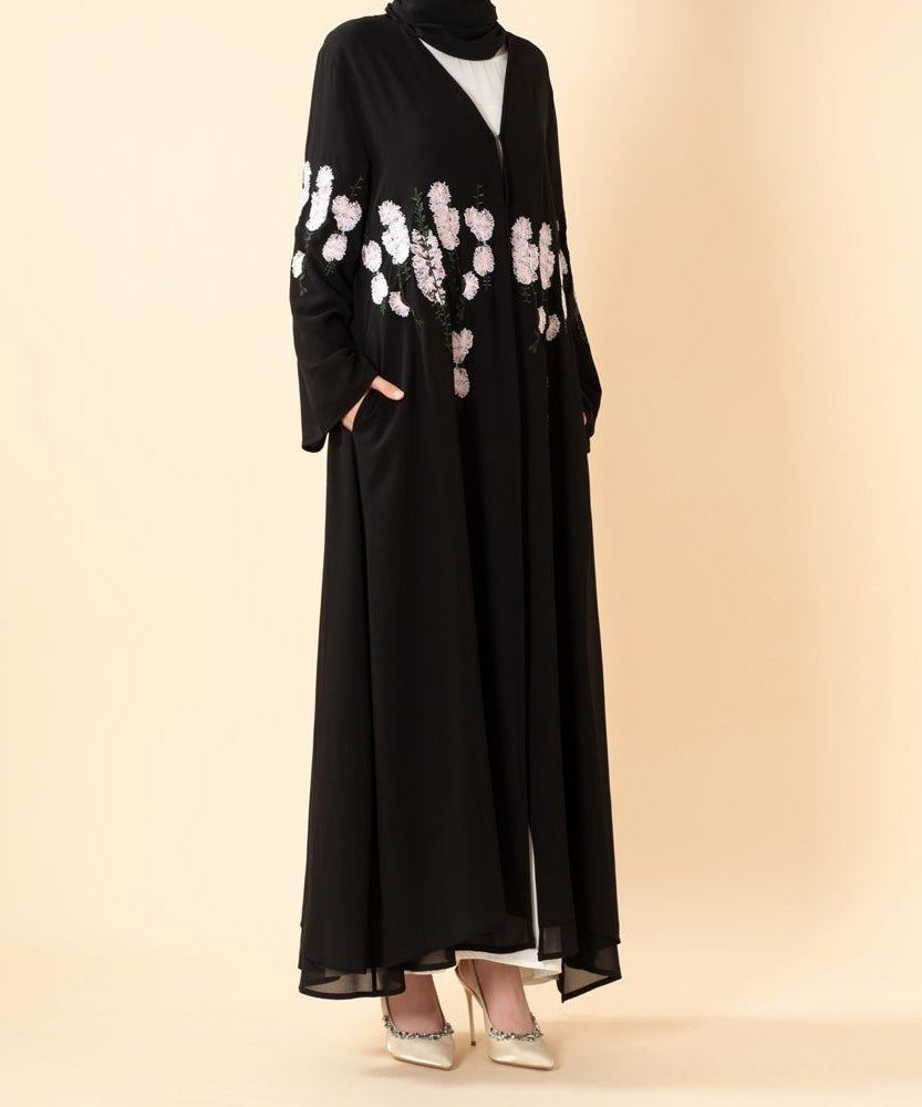 Luxury Floral Embroidered Double-Layer Chiffon Open Abaya(MOA308)